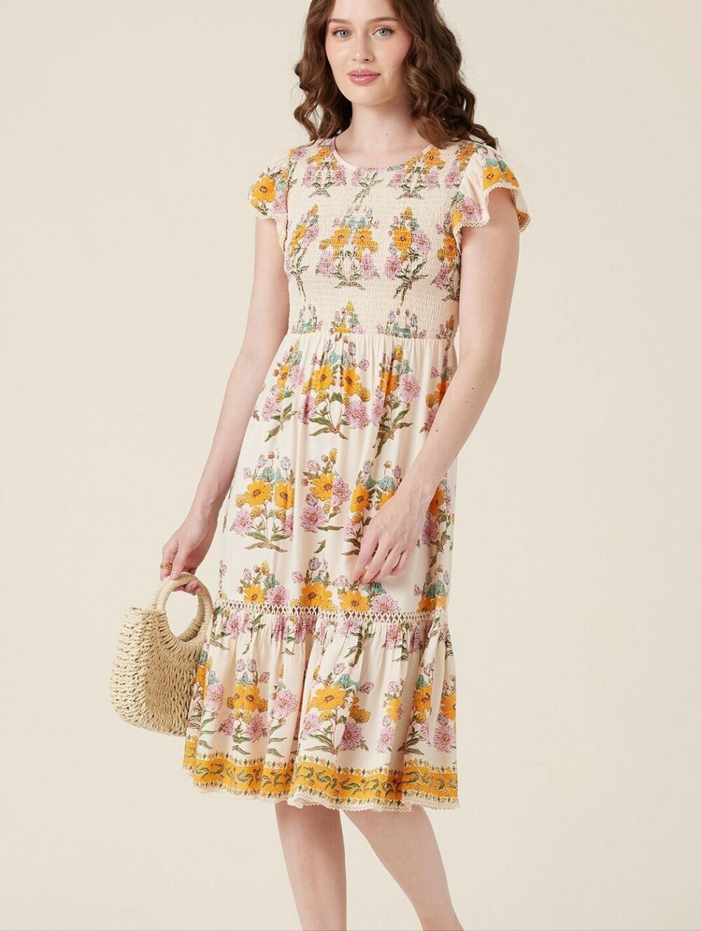 Patrons of Peace Floral Boho Smocked Tiered Midi Dress